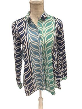 Roberta Roller Rabbit Blue/ Green Leaf Print Long Sleeve Button-Down Shirt XS